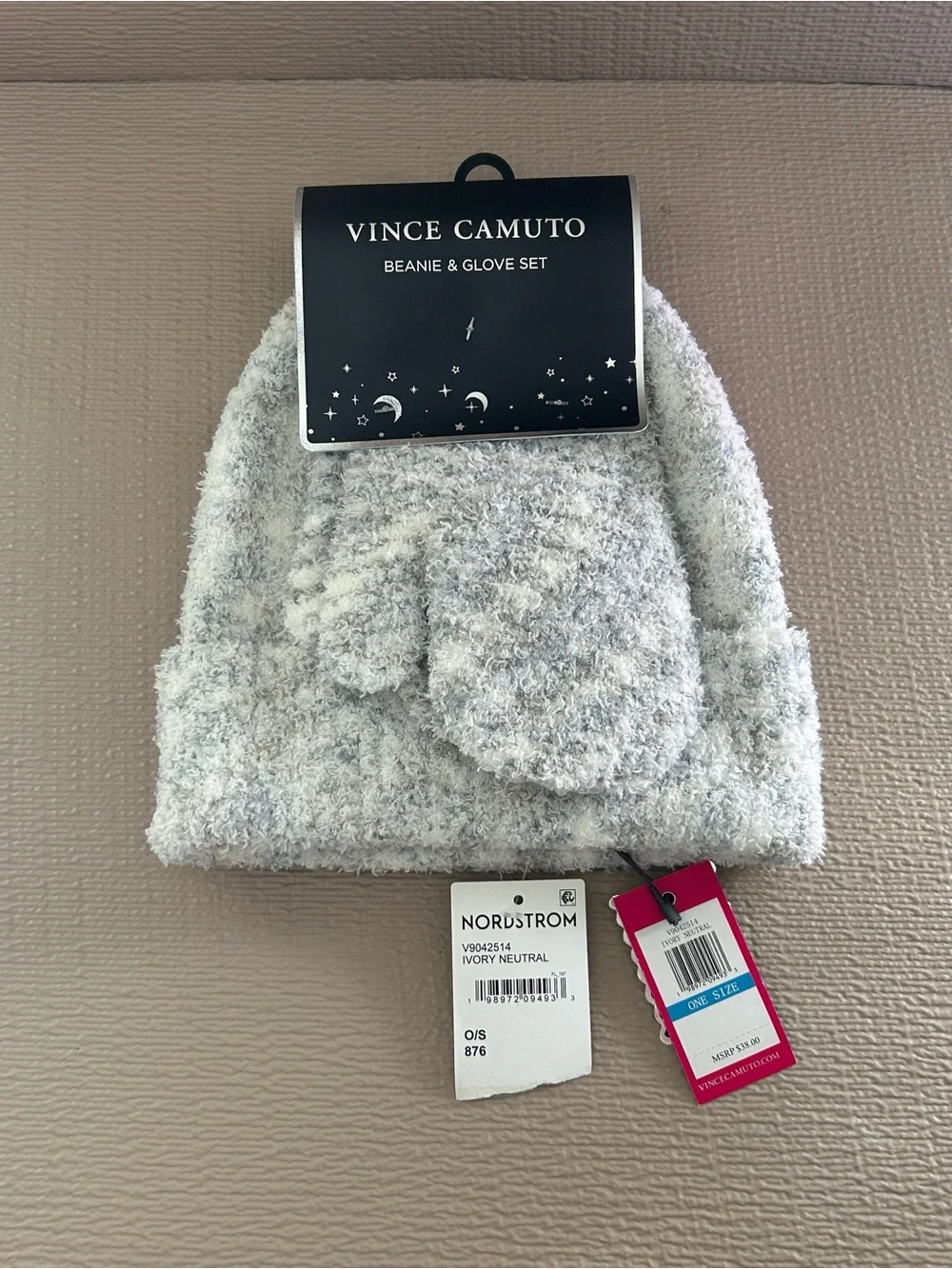 Vince Camuto Ivory Neutral Fuzzy Beanie & Mittens Set